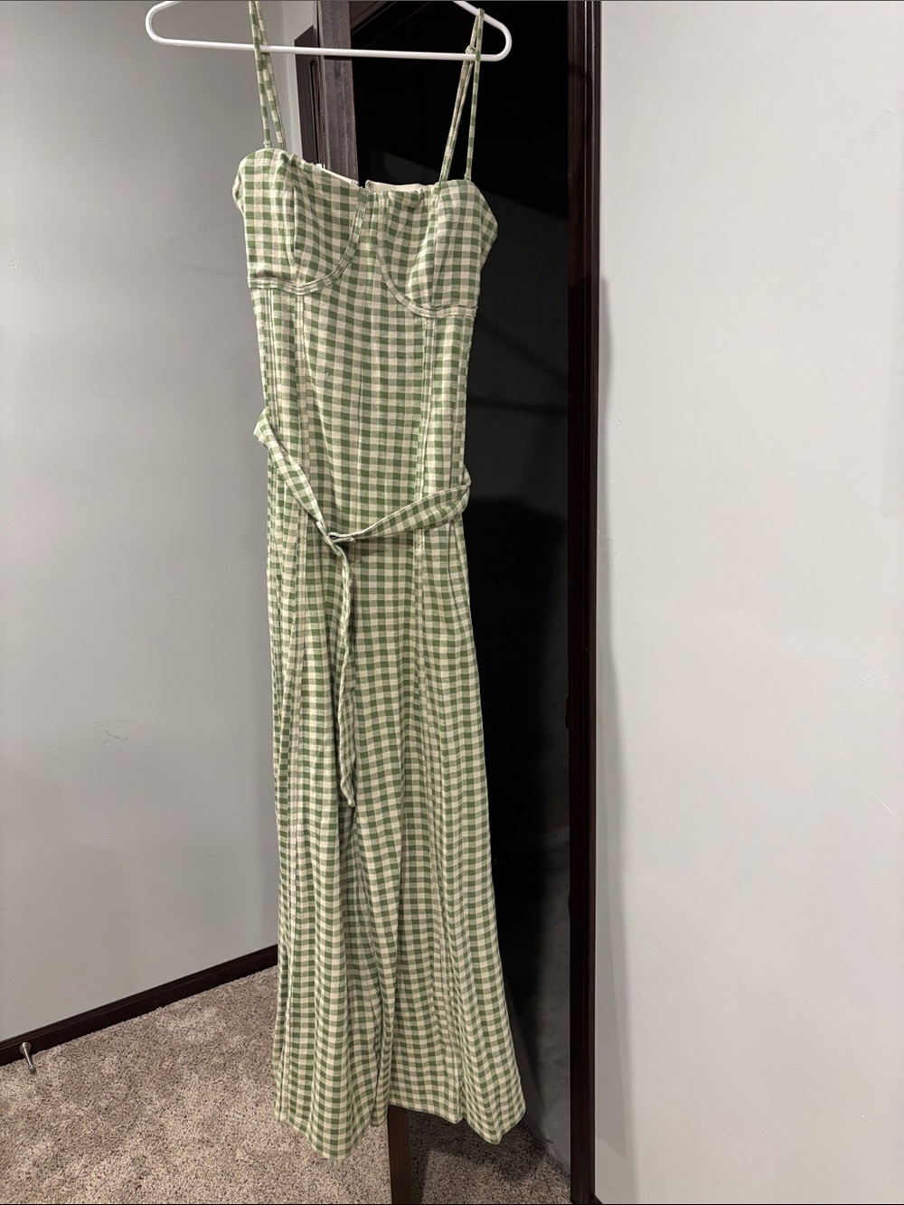 Free People Sage Green Gingham Strappy Jumpsuit